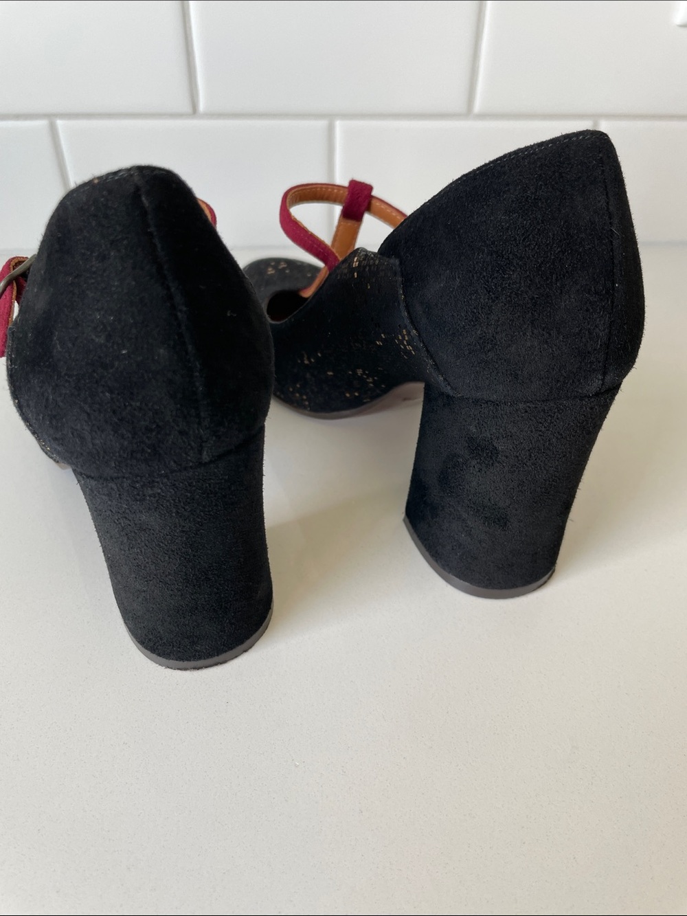 Chie Mihara Black Glitter Mary Jane Heels with Wine Pink Strap • Size 37 - Picture 5 of 16